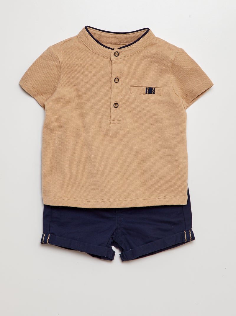 2-delig setje met T-shirt in polostijl + short van twill - 2-delig BLAUW - Kiabi