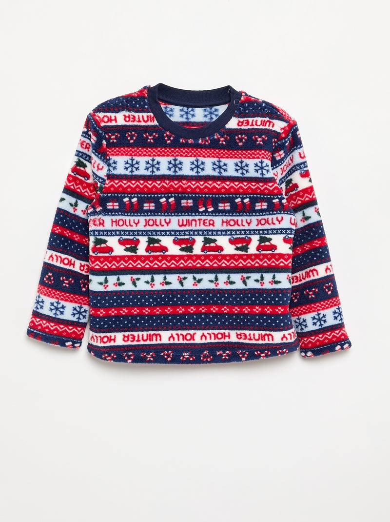 2-delige jacquard pyjama van fleece - sweater + broek Blauw - Kiabi