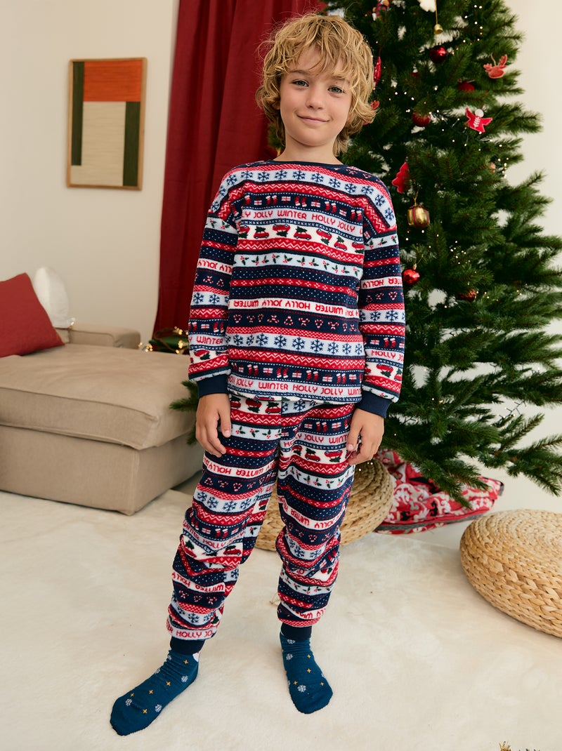 2-delige lange pyjama van fleece - sweater + broek Blauw - Kiabi