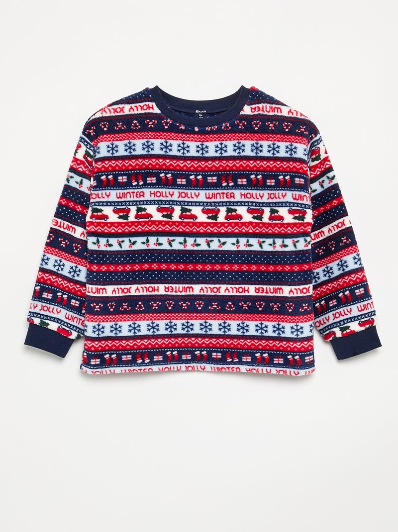 2-delige lange pyjama van fleece - sweater + broek Blauw - Kiabi