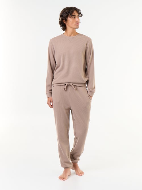 2-delige lange pyjamaset van gewafelde stof: T-shirt en broek - Kiabi