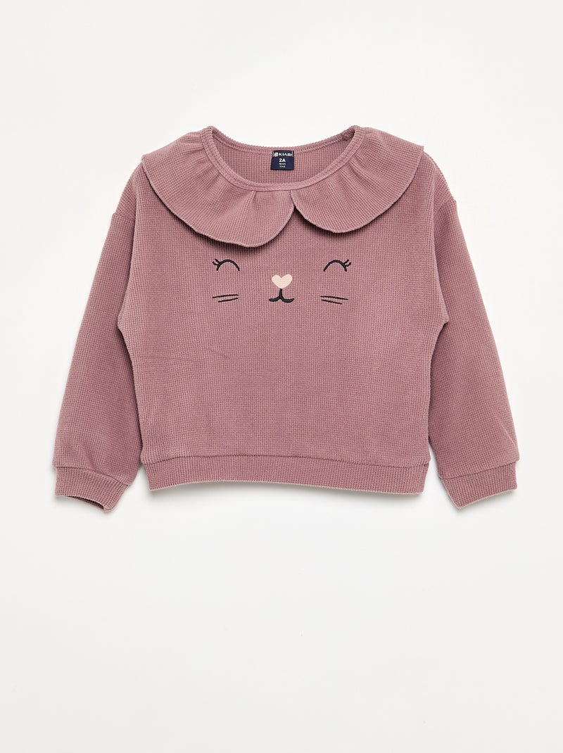 2-delige pyjama van gewafelde stof - Sweater + broek Oudroze - Kiabi