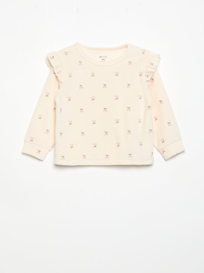 2-delige pyjamaset van velours - Sweater met ruches bij de armsgaten + broek Biege - Kiabi