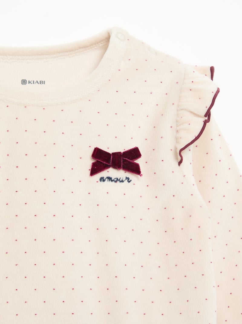 2-delige pyjamaset van velours - Sweater met ruches bij de armsgaten + broek Biege - Kiabi
