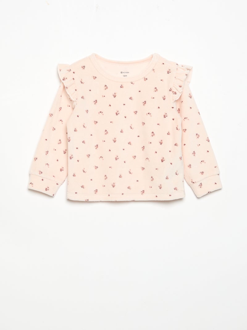 2-delige pyjamaset van velours - Sweater met ruches bij de armsgaten + broek Rose - Kiabi