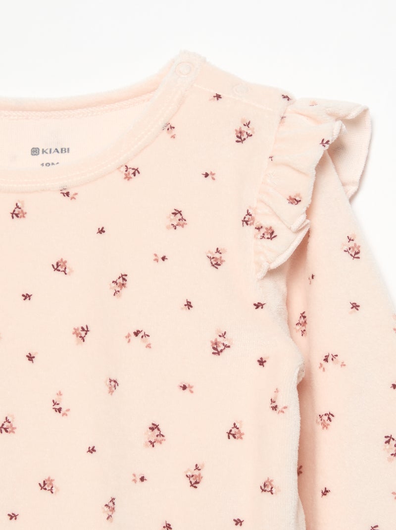 2-delige pyjamaset van velours - Sweater met ruches bij de armsgaten + broek Rose - Kiabi