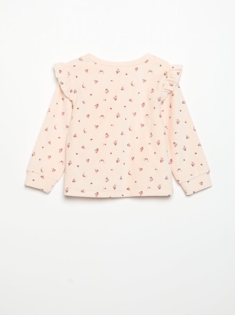 2-delige pyjamaset van velours - Sweater met ruches bij de armsgaten + broek Rose - Kiabi