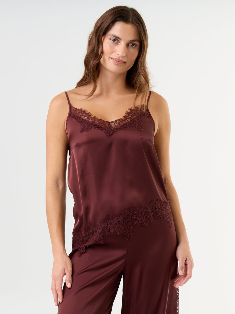 2-delige satijnen pyjamaset: top en lange broek Bruin - Kiabi