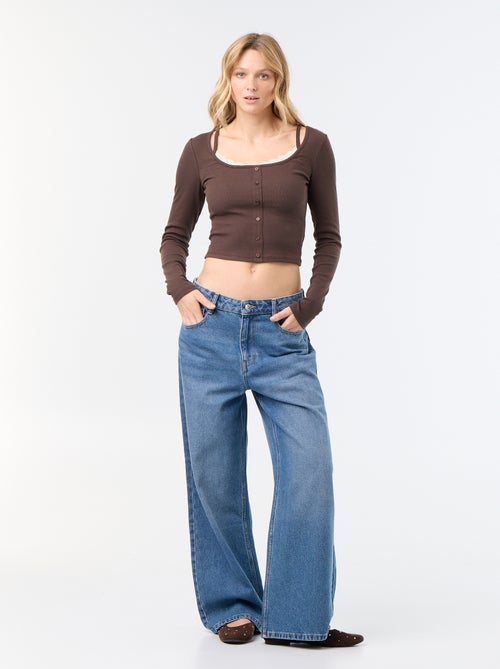 2-in-1 T-shirt met tanktop en kanten kraag - Kiabi