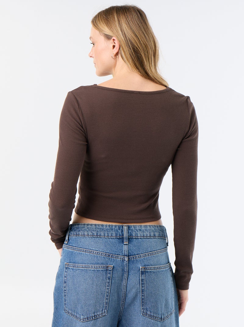 2-in-1 T-shirt met tanktop en kanten kraag Bruin - Kiabi