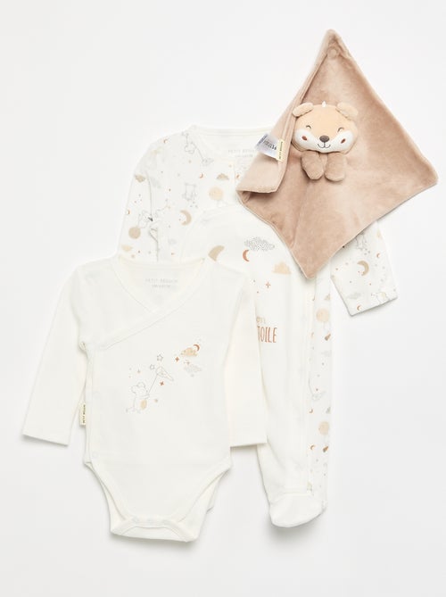 3-delige set 'Petit Béguin' - Romper + pyjama + knuffeldoekje - Kiabi 3-delige set 'Petit Béguin' - Romper + pyjama + knuffeldoekje - Kiabi