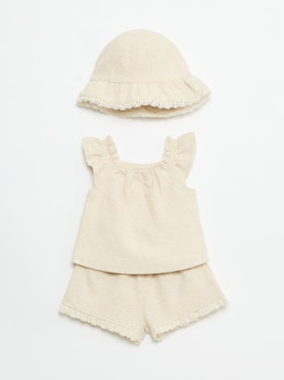 3-delige set van ribgebreide stof - short + T-shirt + bucket hat