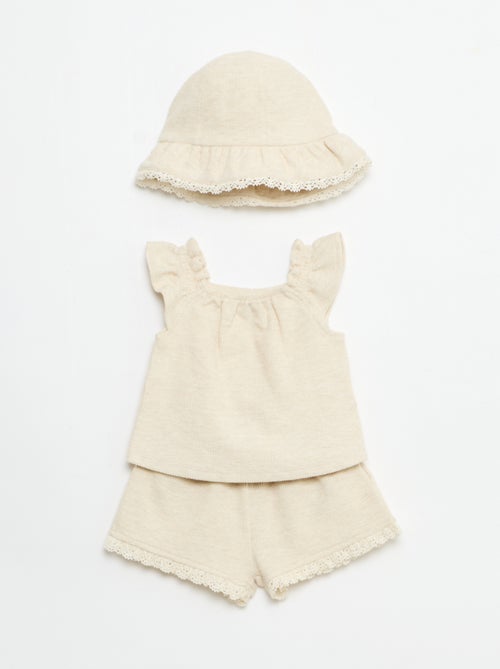 3-delige set van ribgebreide stof - short + T-shirt + bucket hat - Kiabi