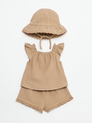 3-delige set van ribgebreide stof - short + T-shirt + bucket hat