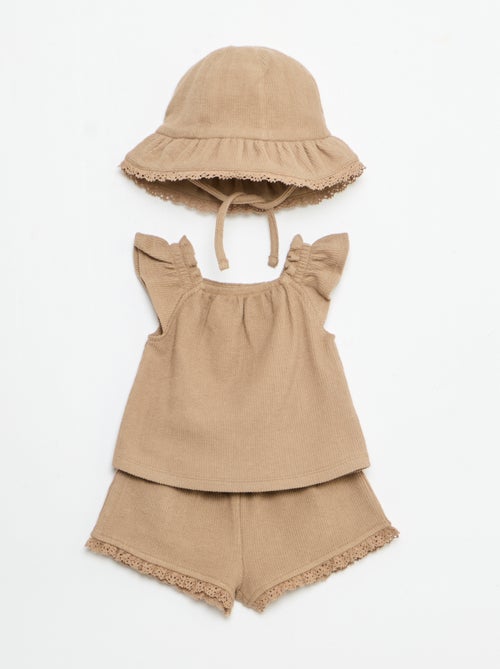 3-delige set van ribgebreide stof - short + T-shirt + bucket hat - Kiabi