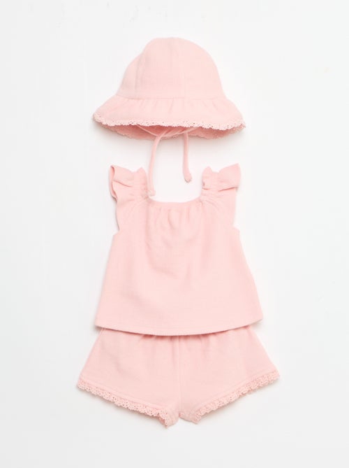 3-delige set van ribgebreide stof - short + T-shirt + bucket hat - Kiabi