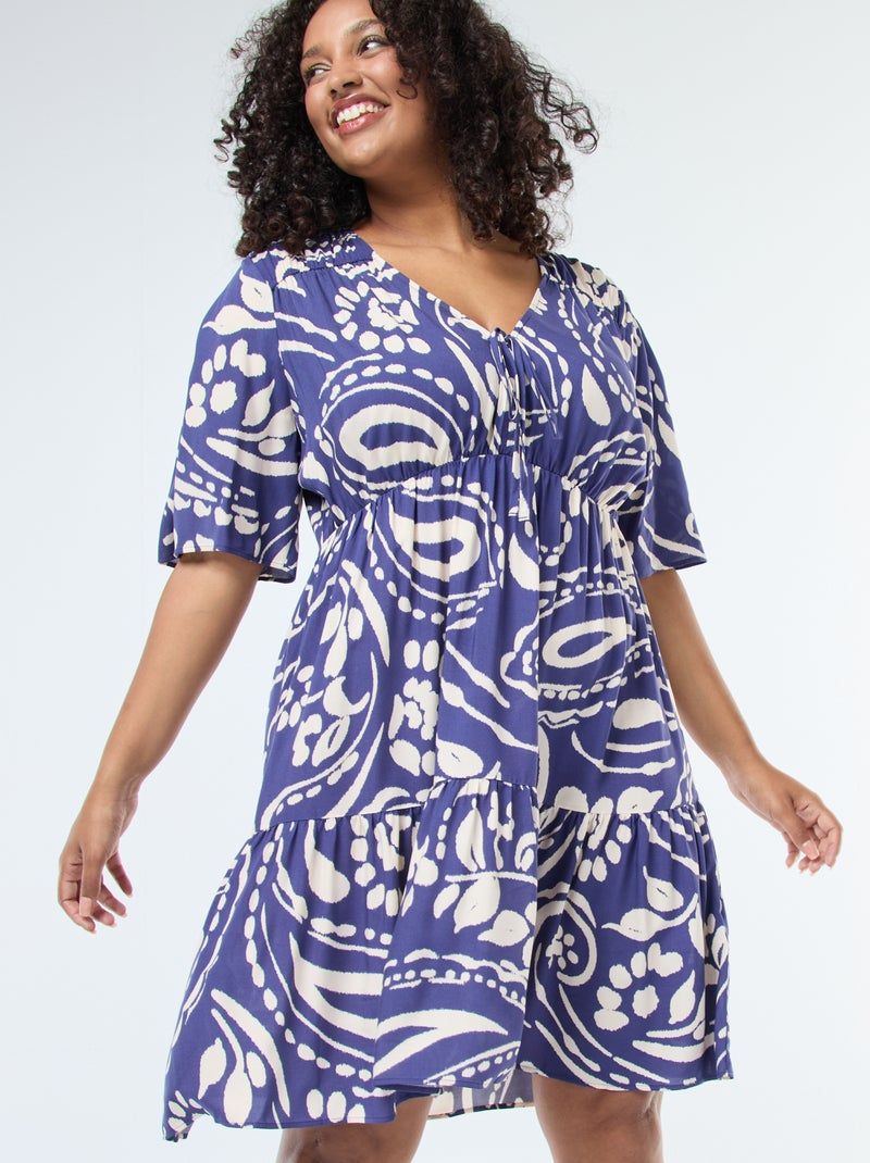 A-lijnjurk met print en ruche Blauw - Kiabi