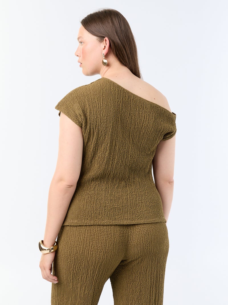 Asymmetrische top van crinkle-stof met goudkleurig sieraad Kaki - Kiabi