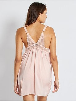 Babydoll van microvezel en kant - Kiabi