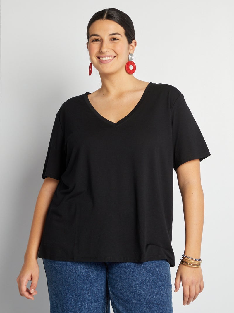 Basic, effen T-shirt met V-hals zwart - Kiabi