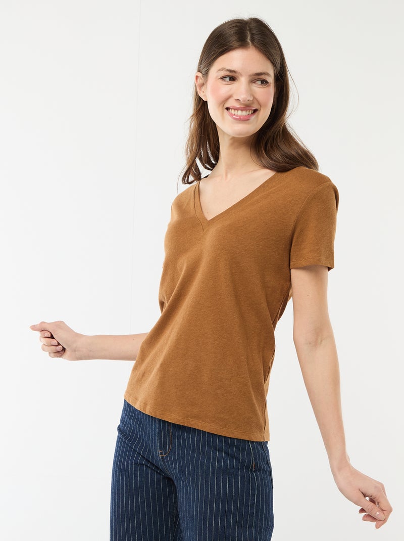 Basic T-shirt met korte mouwen en V-hals Bruin - Kiabi
