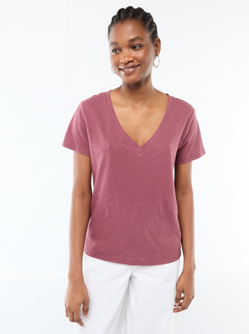 Basic T-shirt met korte mouwen en V-hals Rose - Kiabi