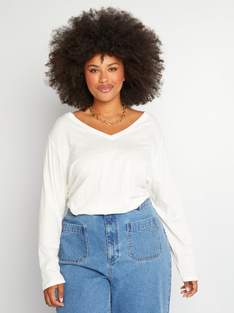 Basic T-shirt met lange mouw en V-hals sneeuw wit - Kiabi