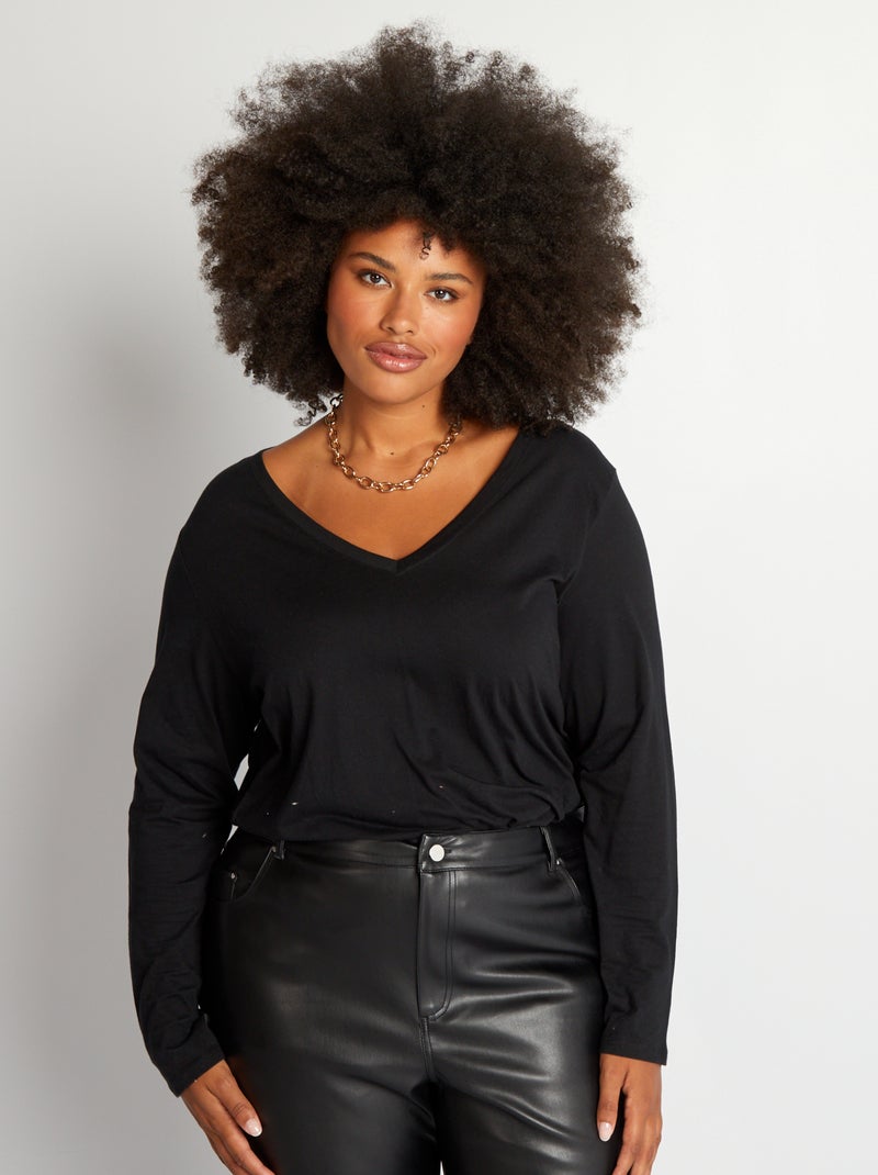 Basic T-shirt met lange mouw en V-hals zwart - Kiabi