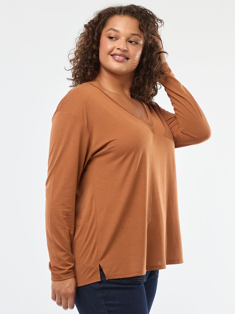 Basic T-shirt met V-hals en 3/4-mouw Bruin - Kiabi