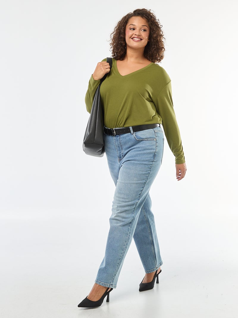 Basic T-shirt met V-hals en 3/4-mouw Kaki - Kiabi