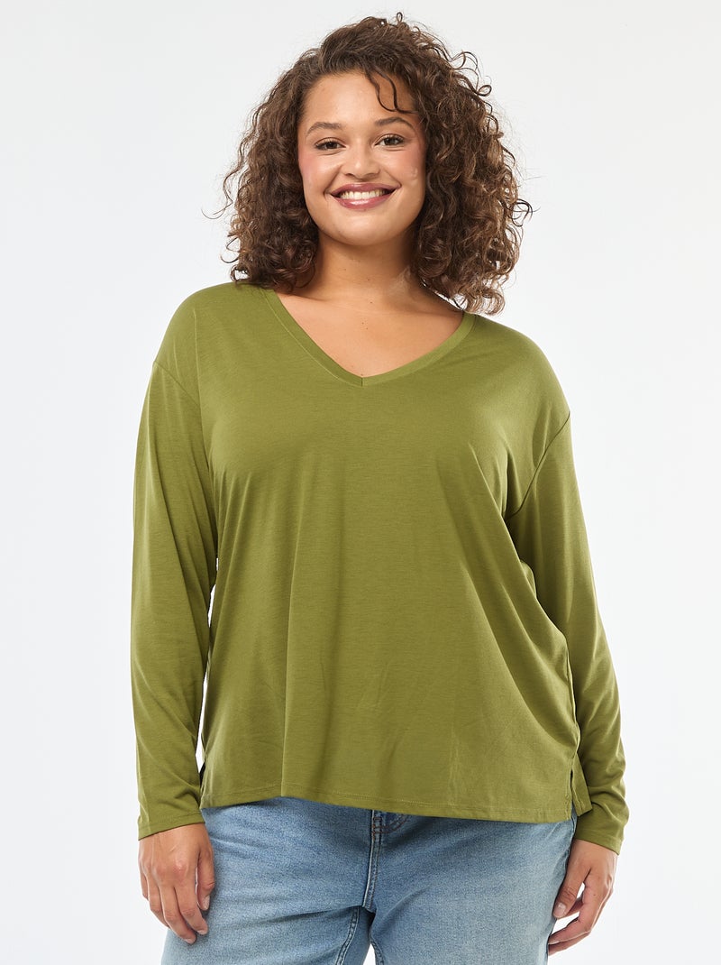 Basic T-shirt met V-hals en 3/4-mouw Kaki - Kiabi