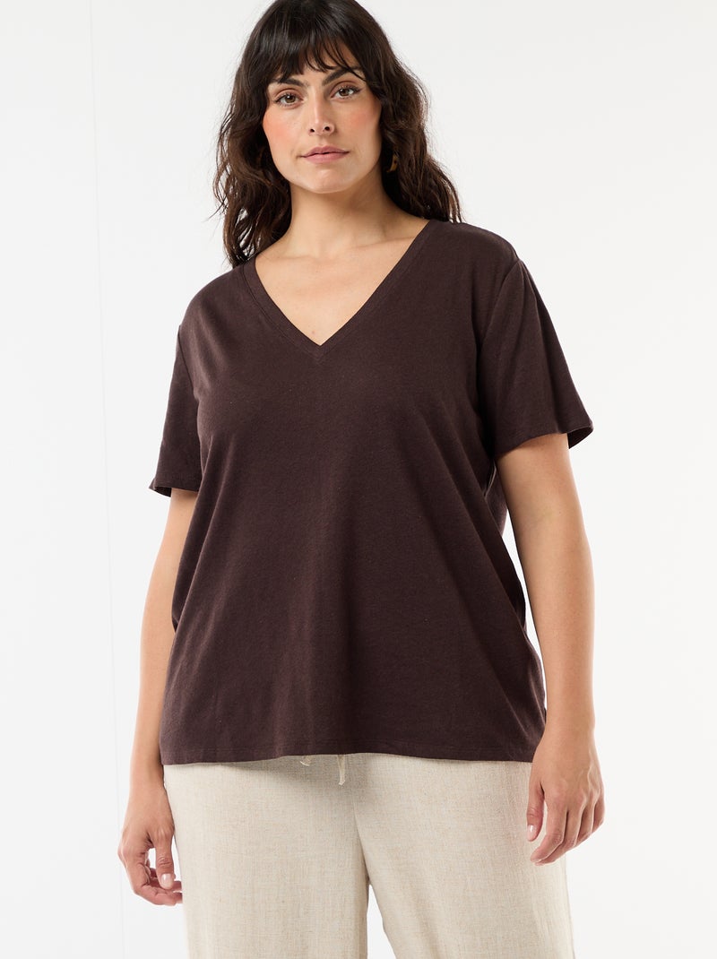 Basic T-shirt met V-hals en korte mouwen Bruin - Kiabi