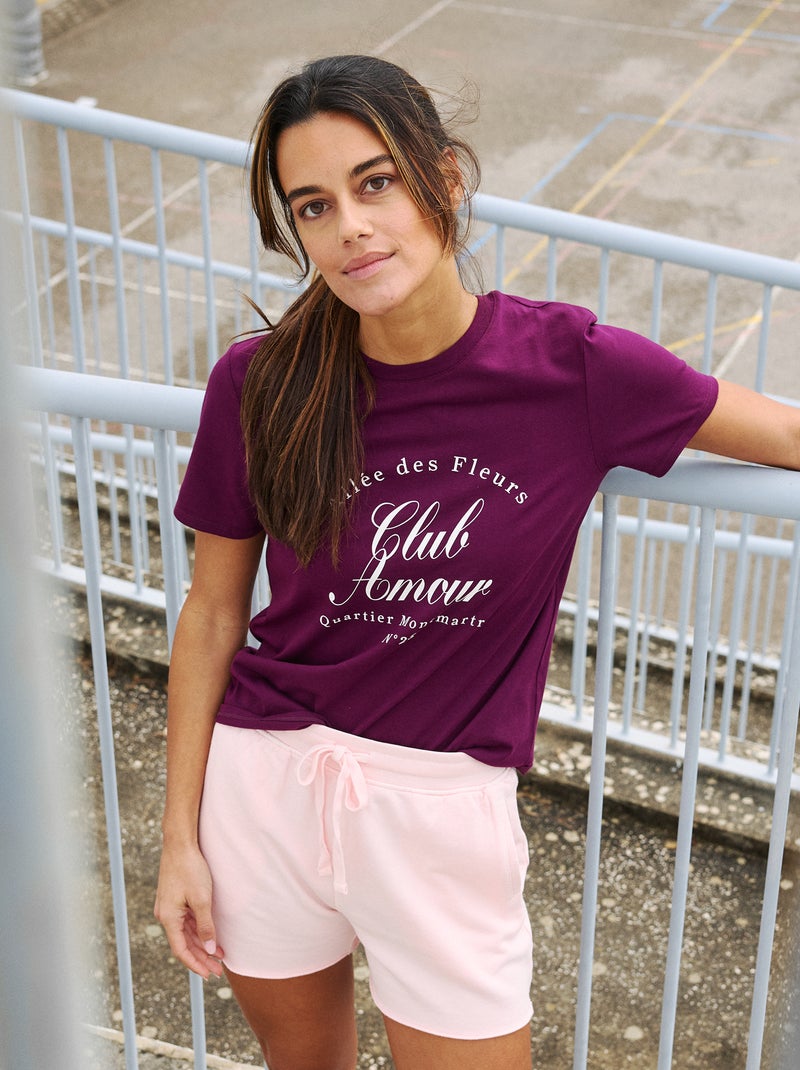 Bedrukt dames-T-shirt van katoen met ronde hals Paars - Kiabi