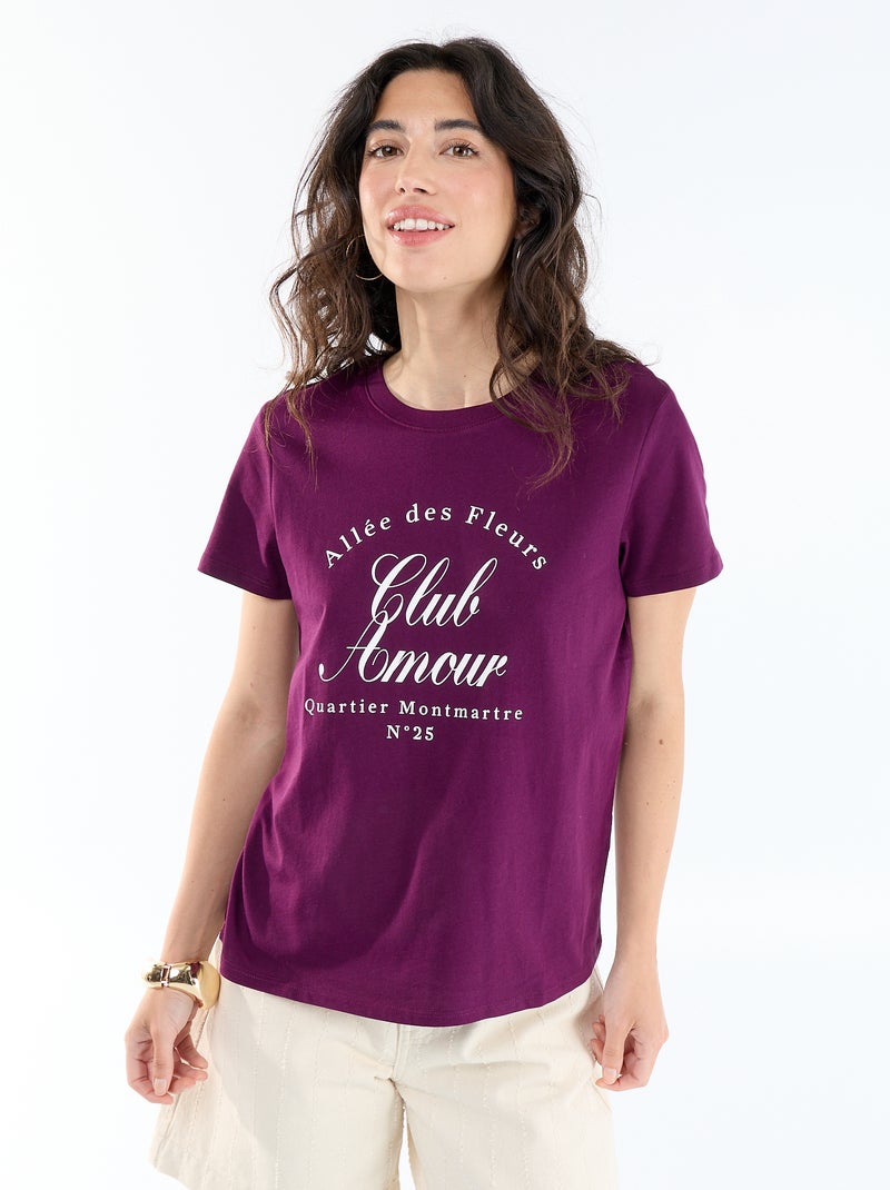 Bedrukt dames-T-shirt van katoen met ronde hals Paars - Kiabi
