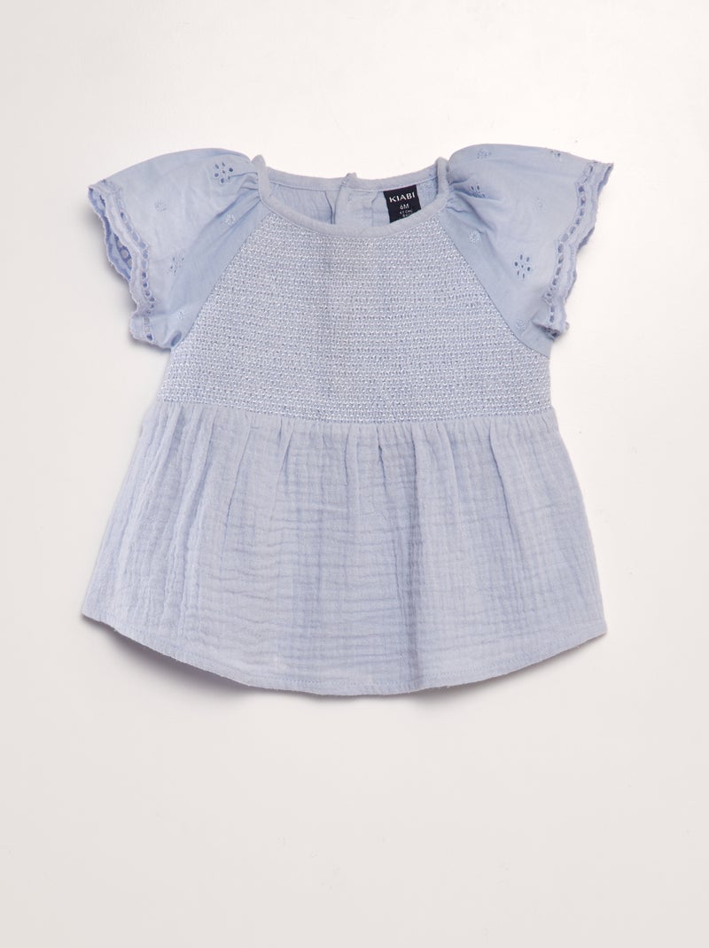 Bloesje van zachte, luchtige katoen met broderie anglaise BLAUW - Kiabi