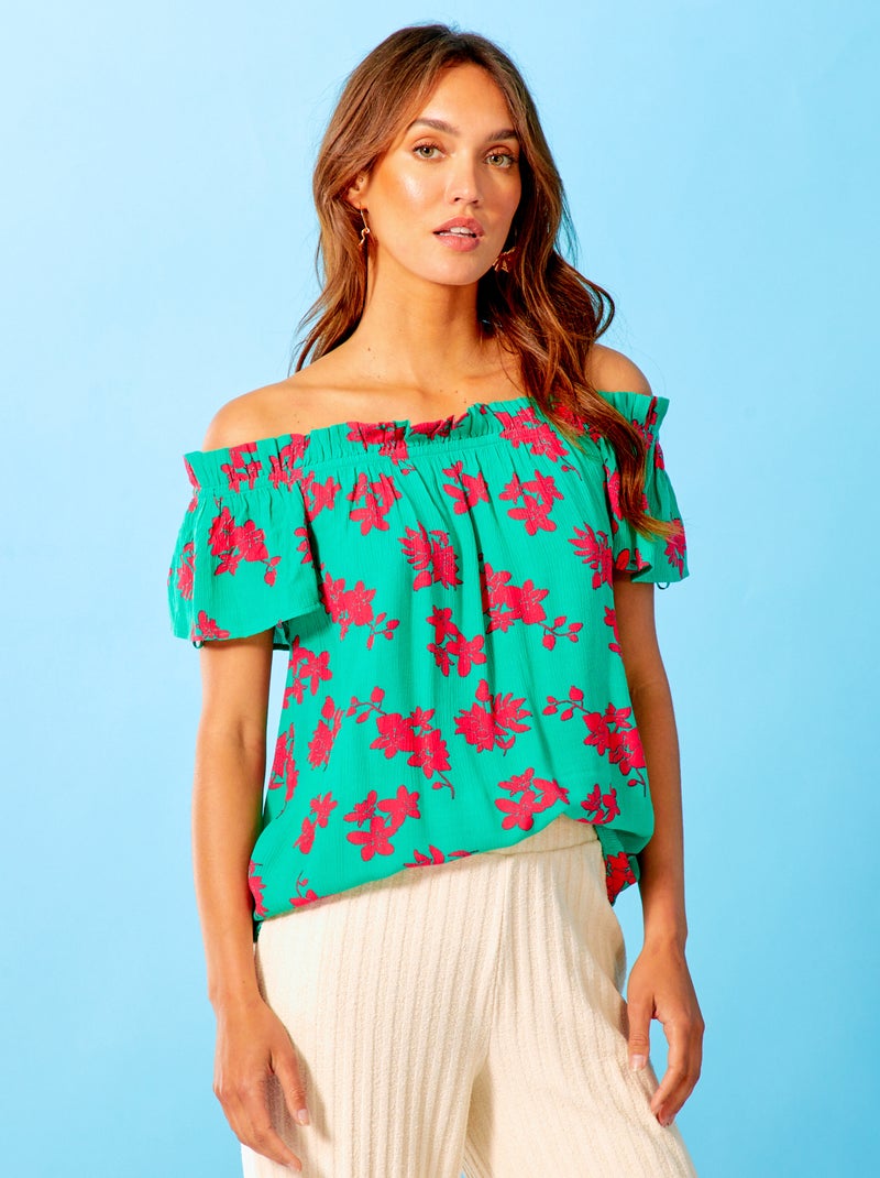 Blouse met Bardothals en bloemmotief GROEN - Kiabi