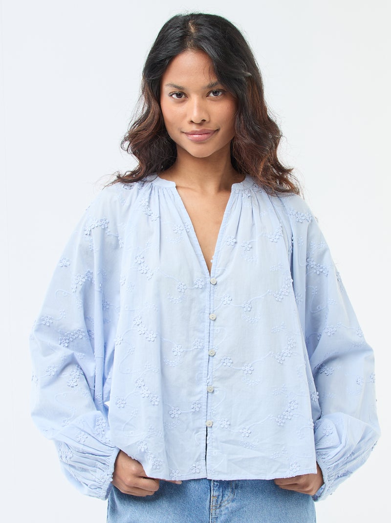 Blouse met bloemenborduursels Blauw - Kiabi