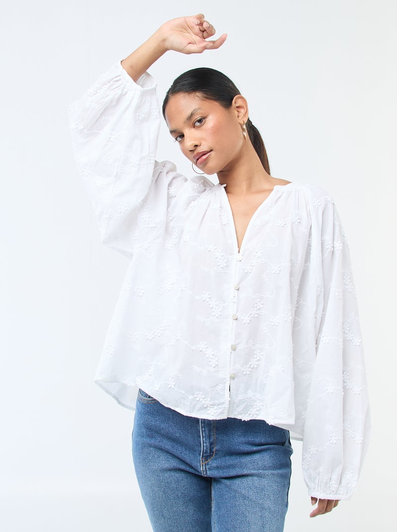 Blouse met bloemenborduursels Wit - Kiabi