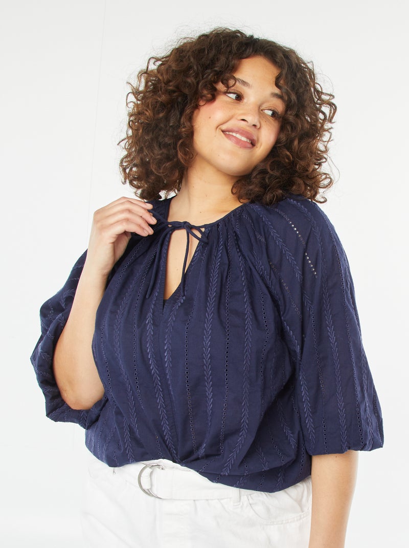 Blouse met borduursel en 3/4-mouw BLAUW - Kiabi