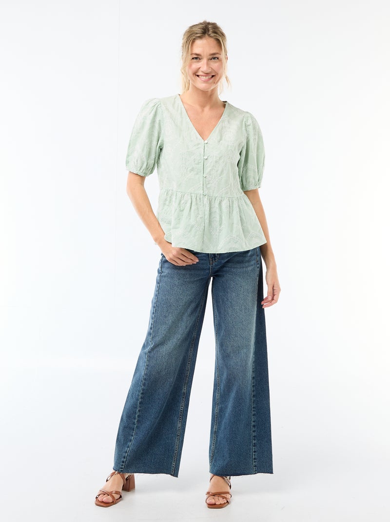 Blouse met borduursels en geplooide zoom Groen - Kiabi