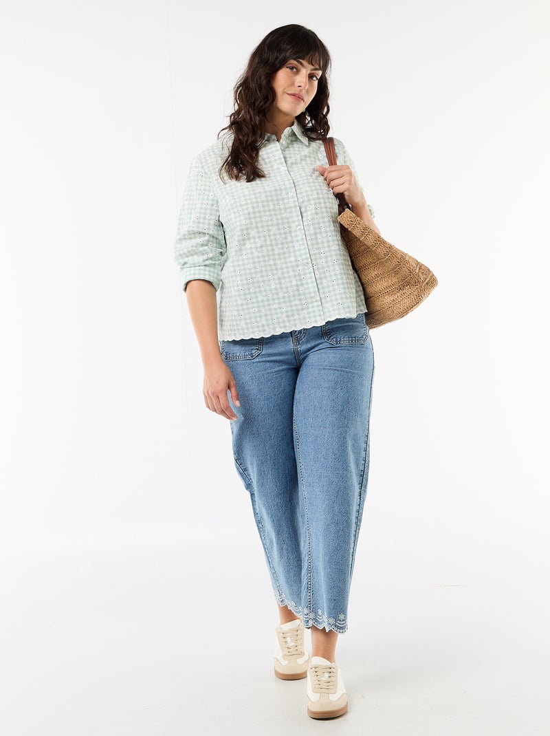 Blouse met broderie anglaise en golvende details Groen - Kiabi