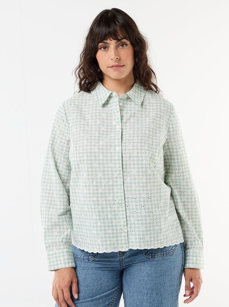Blouse met broderie anglaise en golvende details Groen - Kiabi