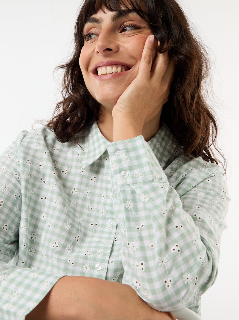 Blouse met broderie anglaise en golvende details Groen - Kiabi