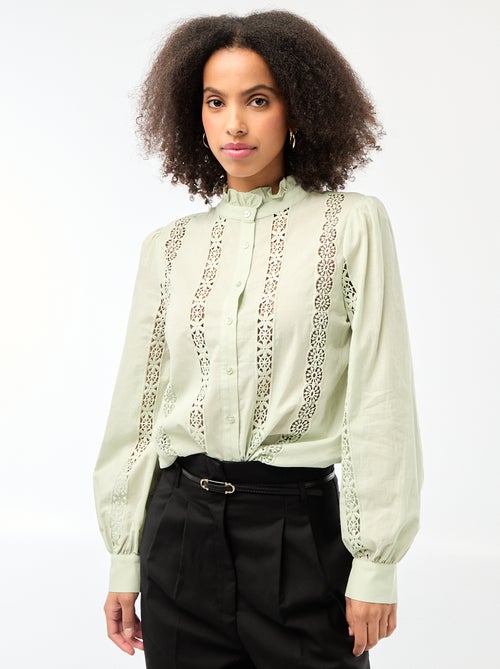 Blouse met broderie anglaise en ruchekraag - Kiabi