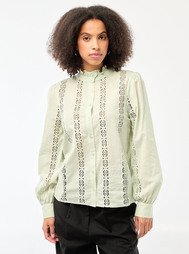 Blouse met broderie anglaise en ruchekraag Groen - Kiabi