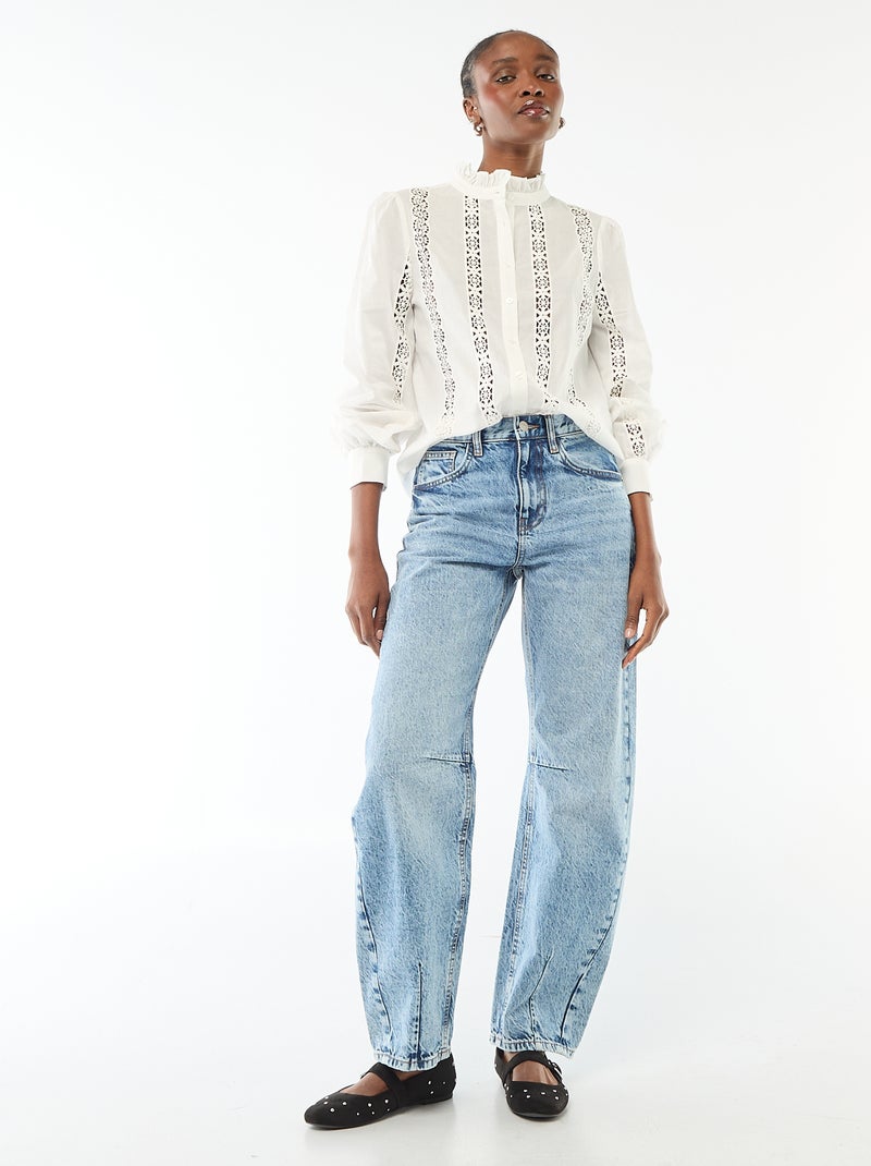 Blouse met broderie anglaise en ruchekraag wit - Kiabi