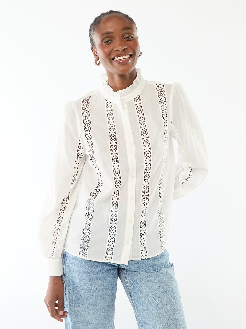 Blouse met broderie anglaise en ruchekraag wit - Kiabi