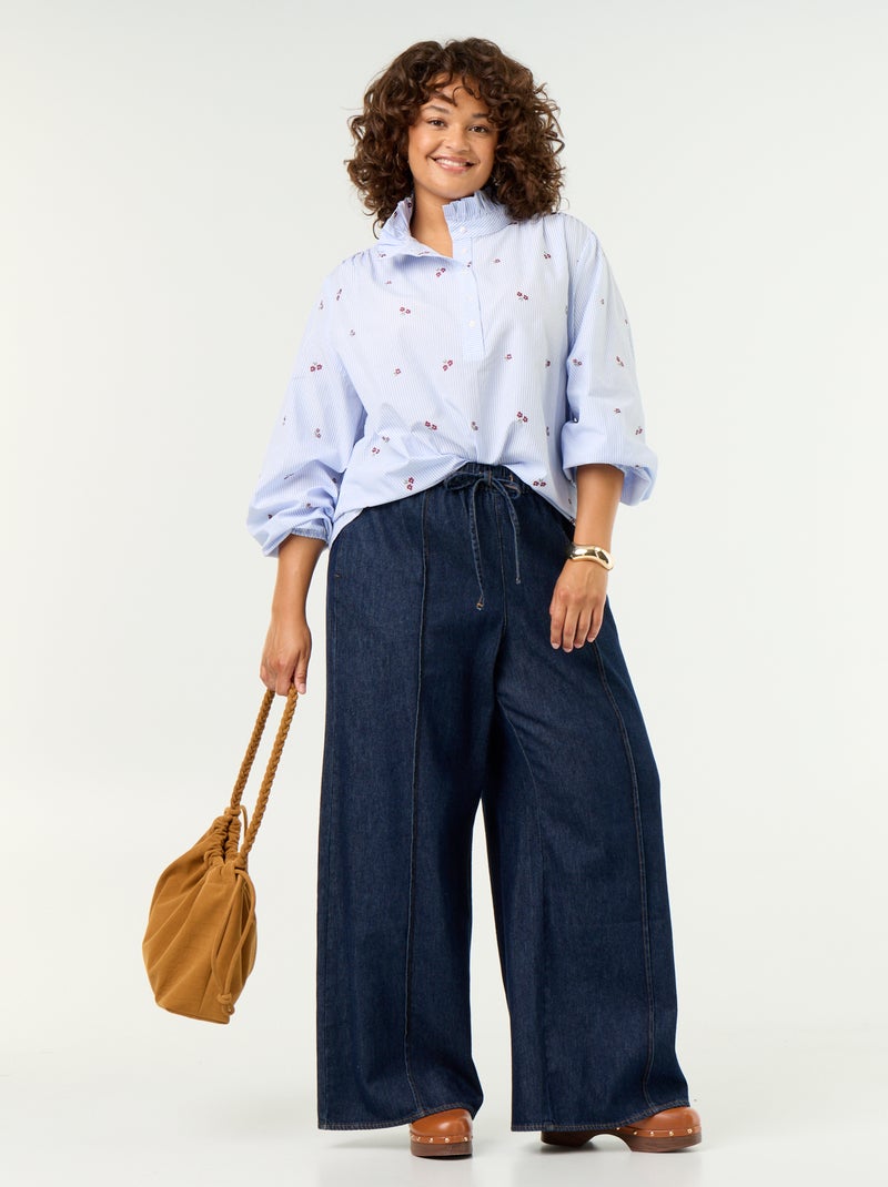 Blouse met geborduurde bloemen en opstaande kraag Blauw - Kiabi