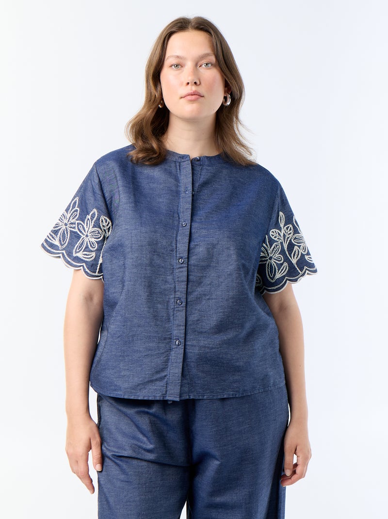 Blouse met geborduurde mouwen Blauw - Kiabi