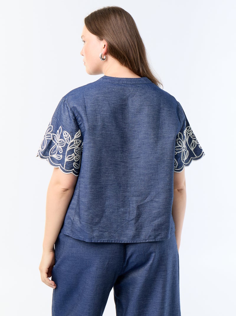 Blouse met geborduurde mouwen Blauw - Kiabi
